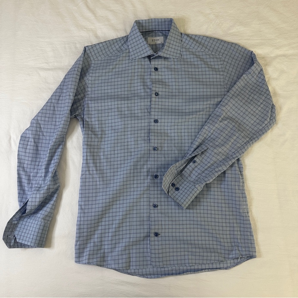 Men's Eton Slim Sz 15 3/4 40 Blue/Navy Graph Check L/S Dress Shirt Spread Collar